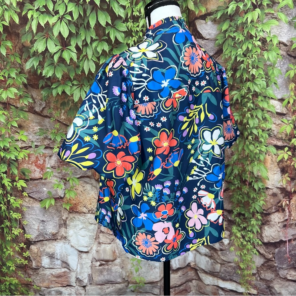 THML Bright Blue Botanical Print Puff Sleeve Resortwear Blouse, S - Picture 5 of 11